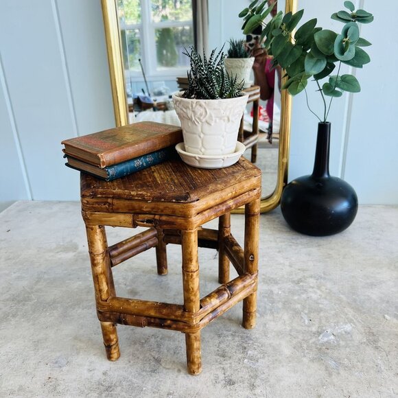 Vintage Hexagon Eclectic Burnt Tortoiseshell Bamboo Plant Stand / Side Table - Picture 1 of 8